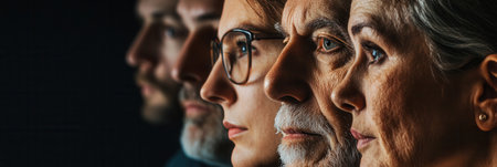 Four individuals, each representing a different generation, face forward with distinct expressions, highlighting the diversity of thoughts and experiences shared across ages.の素材