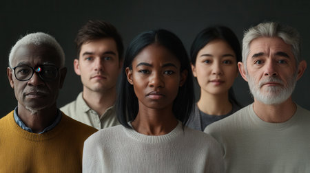 Five individuals of various backgrounds stand closely together, expressing strength and unity in the face of social challenges, illuminated by soft lighting.の素材
