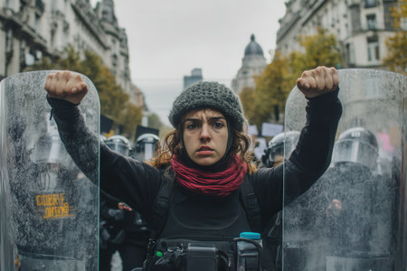 Participants rally for social justice as law enforcement stands prepared, showing resilience against oppression amid ongoing protests.の素材