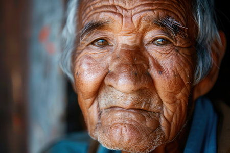 An elderly man reflects a deep sense of wisdom and calmness, revealing rich life experiences through his expressive features in soft natural light.の素材