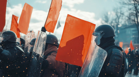 In a tense demonstration, protesters wield placards as law enforcement stands with riot shields, reflecting the ongoing struggle for rights and justice.の素材