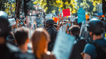 Crowds gather, chanting and holding colorful placards while law enforcement stands ready with riot shields amid arrests during the protest.の素材