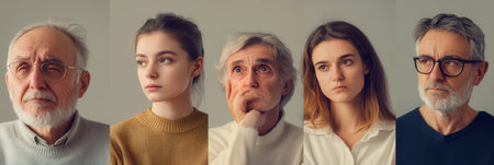Five people showcasing different emotions sit against a neutral backdrop. Their expressions range from contemplation to curiosity, reflecting diverse experiences.の素材