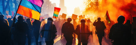 Crowds gather with placards and rainbow flags while law enforcement stands firm with riot shields, reflecting a struggle for rights under a colorful sky.の素材