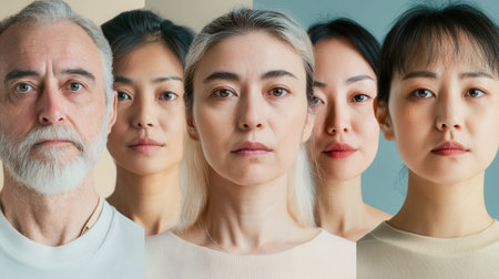A group of five individuals of different ages and backgrounds stands together, displaying a range of thoughtful expressions under soft lighting.の素材