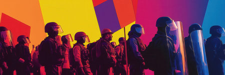 Protesters holding placards clash with law enforcement equipped with riot shields, capturing the intensity of the struggle for rights in the city.の素材