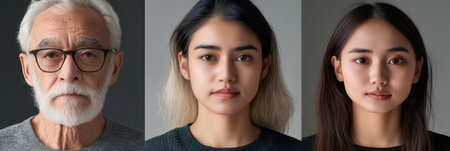 Three portraits highlight the diverse faces of different generations, each with unique expressions against a neutral backdrop, reflecting their individuality and emotions.の素材