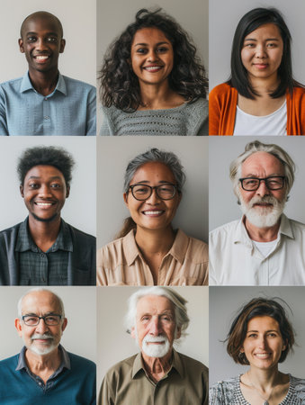 Nine adults of varying ages and ethnicities, all smiling and showing joyful expressions, gathered together in a studio setting.の素材