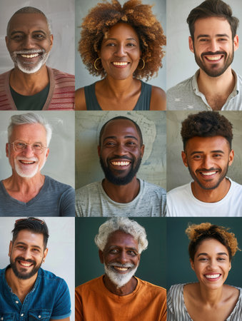 A vibrant collection of smiling faces highlights the warmth and joy shared among a diverse group of individuals in a welcoming environment.の素材