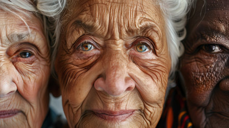 Three elderly men, each from different ethnic backgrounds, express serenity and wisdom, sharing years of life experiences in a cozy setting.の素材