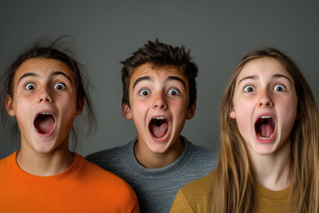Three excited teenagers showcase joy with wide, open mouths, conveying a sense of fun and enthusiasm in an indoor space.の素材