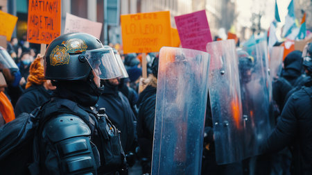 Crowds gather with placards demanding justice while law enforcement ready stands with shields, making arrests amid the passionate protest.の素材