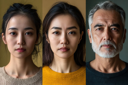 Three people stand side by side, each showing different emotions and expressions, set against simple, colorful backgrounds emphasizing their features.の素材