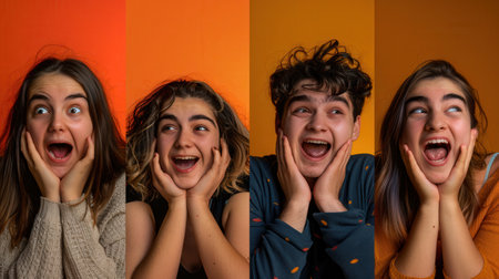 Four individuals display excitement and happiness in a colorful setting, showcasing a range of joyful expressions and poses.の素材