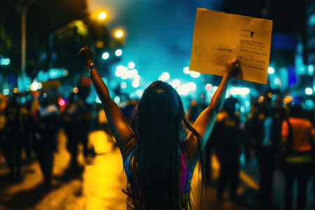 Demonstrators hold placards high while law enforcement with shields confronts them during a nighttime rally, highlighting the fight for rights.の素材