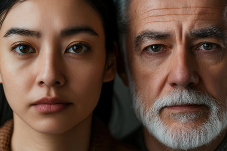 A young woman and an older man face each other, their distinct features and expressions illuminated by soft lighting, creating a thought-provoking atmosphere.の素材