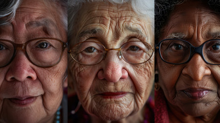 Elderly men from various ethnic groups exhibit expressions of wisdom and serenity, inviting contemplation and respect for their life experiences.の素材