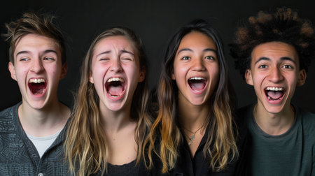 Four young friends express pure joy while laughing together, showing their vibrant personalities in a creative indoor setting.の素材