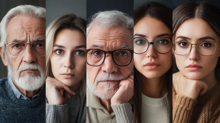 This artwork features five individuals of different ages and backgrounds, each displaying unique expressions while resting their chins on their hands.の素材