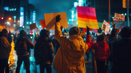 Demonstrators holding placards gather under city lights, confronting law enforcement with shields as tensions rise during a night protest for rights.の素材
