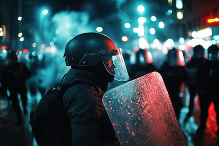 Demonstrators rally with placards while law enforcement in riot gear stands ready with shields, highlighting a conflict over civil rights under city lights.の素材