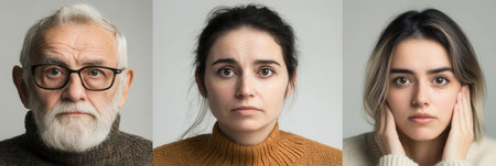 Three individuals exhibit distinct emotions, wearing cozy sweaters in neutral tones, while standing against a plain background in a studio environment.の素材