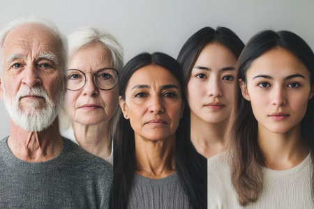 Five individuals of varying ages and ethnic backgrounds stand closely together, showing a spectrum of human emotions and experiences in a calm indoor setting.の素材