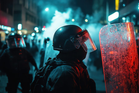 Crowds of protesters holding placards confront law enforcement equipped ...