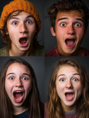 Four individuals showcase their excitement with exaggerated expressions, mouths wide open and eyes bright, creating a lively atmosphere.の素材