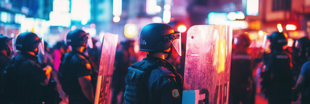 Protesters gather with placards advocating for rights while law enforcement in riot gear stands firm, preparing for potential unrest in the urban landscape.の素材