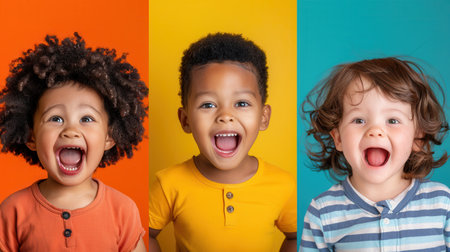 Three children with unique hairstyles laugh joyfully, showcasing their happiness in bright, colorful surroundings.の素材