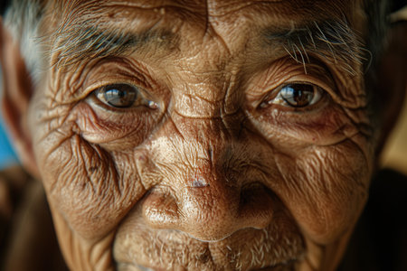 A close-up captures an elderly man radiating wisdom and tranquility, reflecting the beauty of his diverse heritage and rich life experiences.の素材