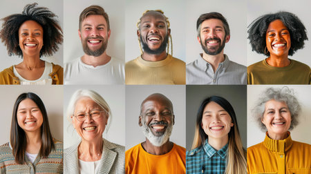 A cheerful collection of people from various backgrounds and ages all smiling brightly against a neutral backdrop.の素材