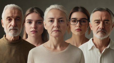 Five individuals of different ages stand closely together, each displaying unique expressions in a neutral-toned environment.の素材