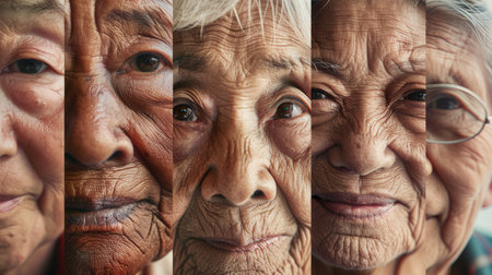 Elderly men from various ethnic groups share serene expressions, reflecting their life experiences and wisdom while bathed in soft, warm light.の素材