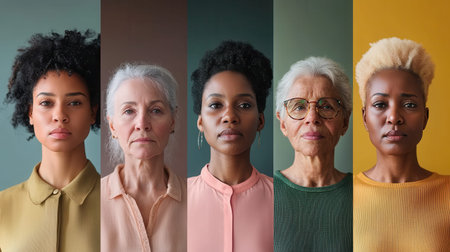 Five women of varying ages and backgrounds stand side by side, each displaying distinct hairstyles and outfits that celebrate individuality and diversity.の素材