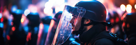 Protesters hold placards demanding rights as law enforcement with riot shields respond, leading to arrests amid a tense atmosphere in the city.の素材