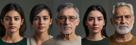 Five individuals of different ages and backgrounds display various emotional expressions while posing for a portrait in a light gray studio.の素材