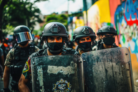 Demonstrators advocate for their rights as law enforcement stands firm with riot shields, highlighting the ongoing struggle for justice and equality.の素材