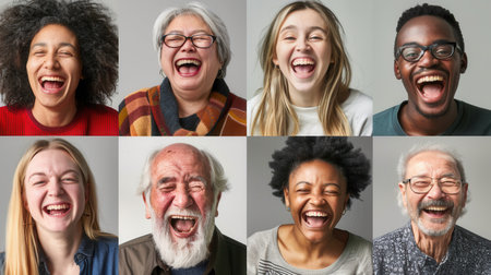 A joyful gathering where a diverse group of individuals shares laughter and smiles, creating a warm, friendly environment.の素材