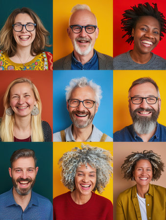 A collection of nine joyful individuals, each showing unique hairstyles and vibrant smiles, creating a lively atmosphere.の素材