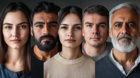 Five individuals of varying ages and ethnicities display a range of expressions, showing diversity in appearance and character against a simple backdrop.の素材