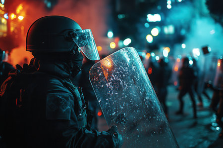 Demonstrators rally for their rights while law enforcement stands ready with riot shields, highlighting the clash of ideals amid a smoky urban backdrop.の素材