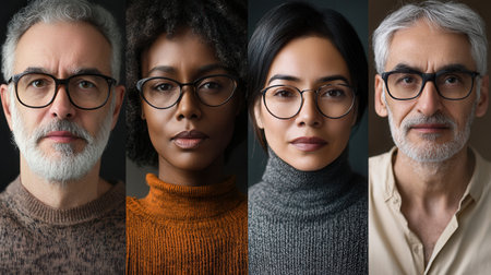 Four individuals with distinct styles and expressions are depicted in a well-lit indoor environment, each wearing glasses and showing their unique characteristics.の素材