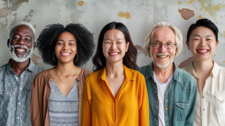 Five individuals with varying backgrounds stand closely, smiling joyfully in a bright, friendly environment filled with textured walls.の素材