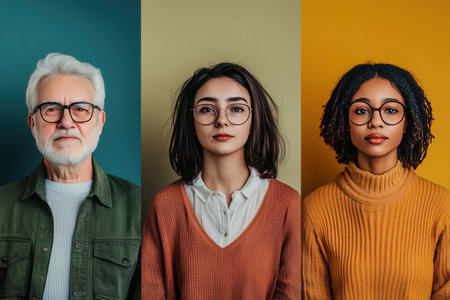 A senior man, a young woman, and a woman of African descent showcase their unique looks in glasses, each exuding personality against colorful backdrops.の素材