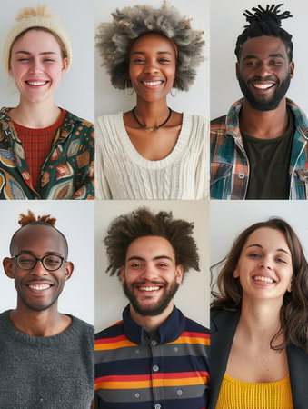 Six people are smiling and reflecting joy, each displaying distinct hairstyles and fashion choices in a light setting.の素材