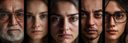 Five individuals with unique expressions are captured against a dark background, highlighting a mix of emotions and personalities that evoke connection and reflection.の素材