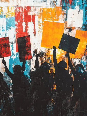 At a rally in the city, protesters raise placards while law enforcement stands ready with riot shields, emphasizing the fight for rights and equality.の素材