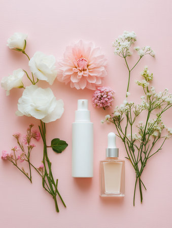Delicate pastel flowers are thoughtfully placed alongside cosmetic products on a soft pink background, highlighting organic beauty.の素材